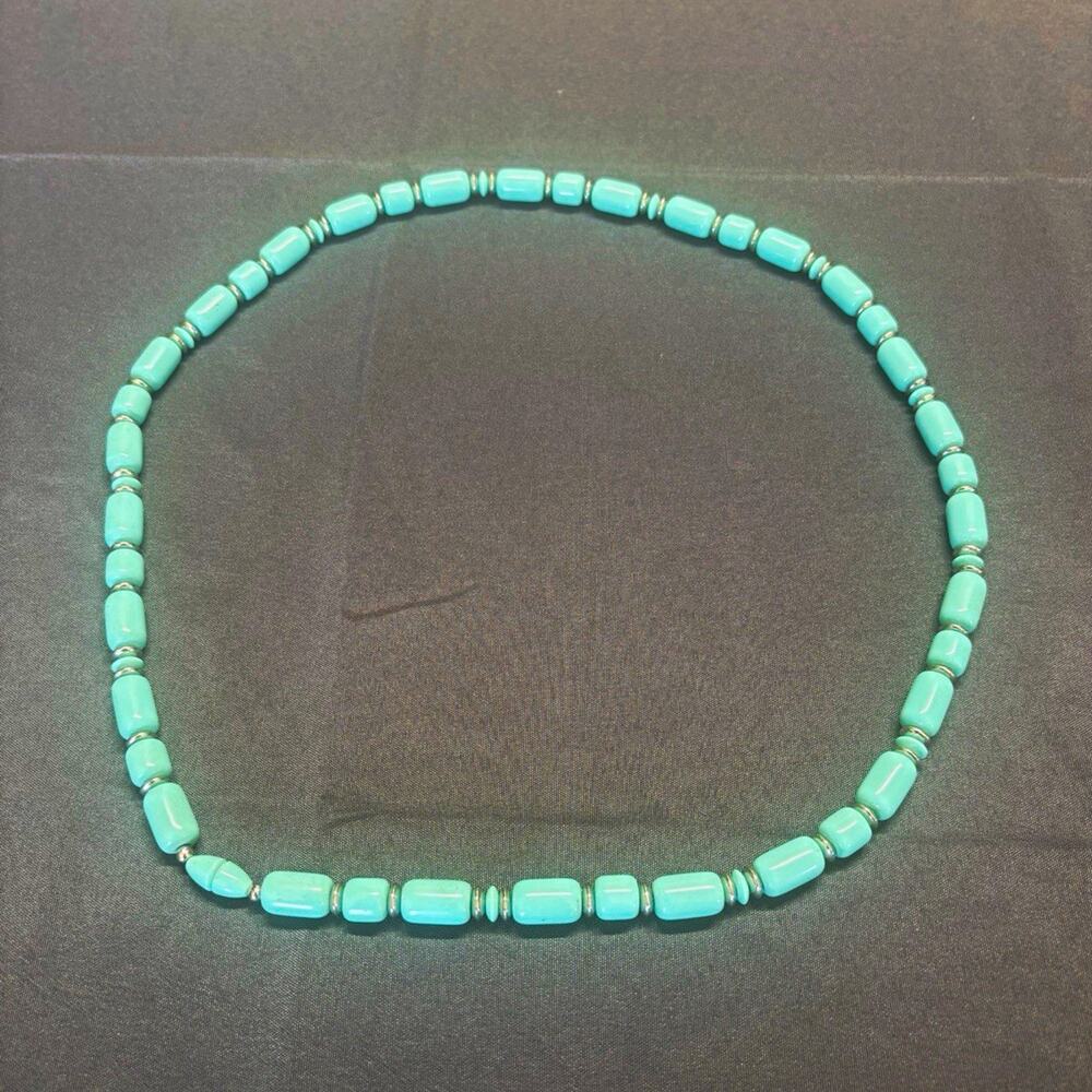 Vintage Light Aqua Turquoise Blue Glass Barrel Bead Strand Necklace 30 Inch